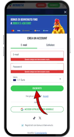 Inserimento dei dati personali e scelta della valuta EUR su Winnita