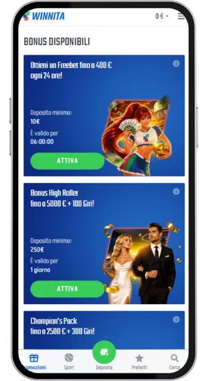Accredito dei 450 giri gratis del bonus di benvenuto Winnita